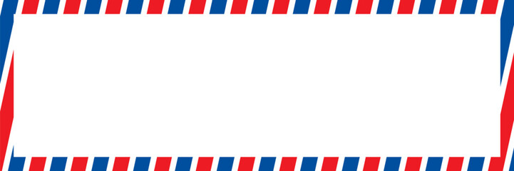 Fototapeta premium Airmail envelope frame with blue and red stripes on white background. International vintage letter border. Retro air mail postcard. Blank envelope.