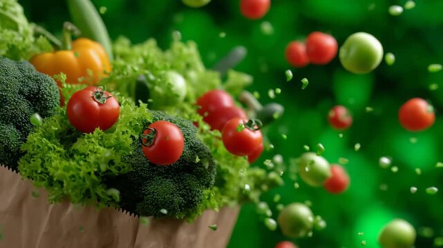 Eco-friendly paper bag releasing colorful produce, fruits and vegetables flying outward, crisp green background emphasizing freshness, healthy vegan shopping message with space for