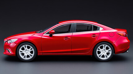 Naklejka premium A sleek red sedan is showcased in a studio setting, emphasizing its smooth lines, modern design, and reflective surfaces against a dark, neutral background overall.