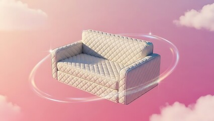 Fototapeta premium Modern Quilted Sofa Floating in Dreamy Pink Sky, Ethereal Glow & Sparkles