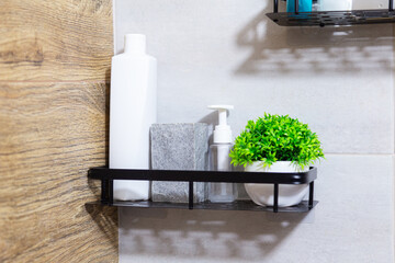 Modern floating bathroom shelves with a black metal frame, bottled cosmetics and a potted plant.