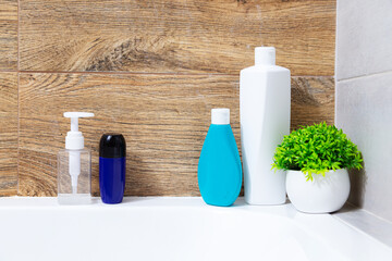 Cosmetic products in bottles and a potted plant sit on the bathtub.