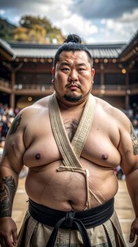 Portrait of a formidable sumo wrestler standing in an outdoor arena, exuding strength and tradition with distinctive garb and focused expression