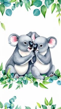 Watercolor painting of two koala bears eating eucalyptus leaves on white background, artistic botanical design with lush green foliage