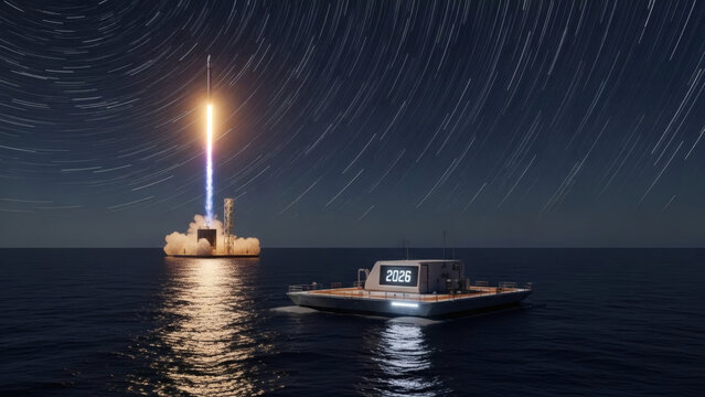 Night launch of a small, reusable commercial rocket from a floating autonomous platform in the Pacific Ocean, long exposure, stars trail, reflection on water, 2026