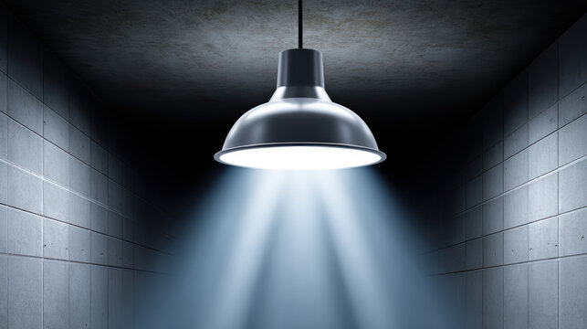 Suspended metal lamp illuminating stark tiled walls with bright beam of light in a dark, enclosed space suggestive of interrogation or dramatic atmosphere.
