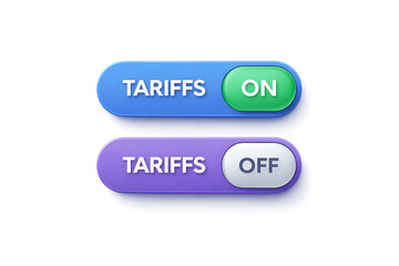 Tariffs on and off buttons. Vector illustration of a switch for international trade, import taxes, and economic policy concepts. Isolated on a white background.
