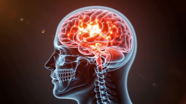 Cross-section X-ray animation male head, blood vessels brain visible, cerebral stroke forming, affected area highlighted in glowing red, animated flow of blood and particles showing blockage damage 4k