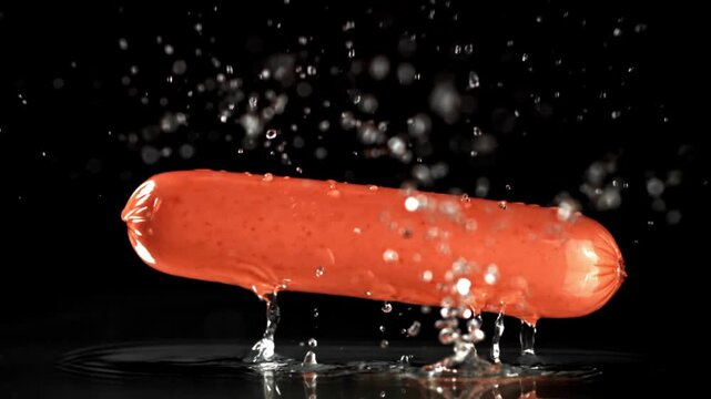 Super slow motion sausages with water splashes . Filmed on a high-speed camera at 1000 fps. High quality FullHD footage
