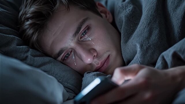 Homme en larmes seul regardant son t&eacute;l&eacute;phone