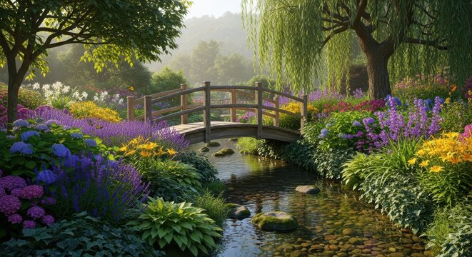 Serene garden landscape features a wooden arch bridge over a clear, shallow stream surrounded by lush, vibrant flowers and foliage.