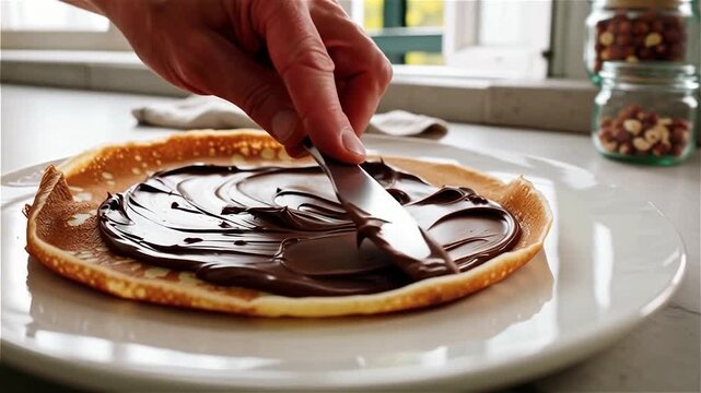 Tartine de cr&ecirc;pe garnie de p&acirc;te &agrave; tartiner chocolat&eacute;e