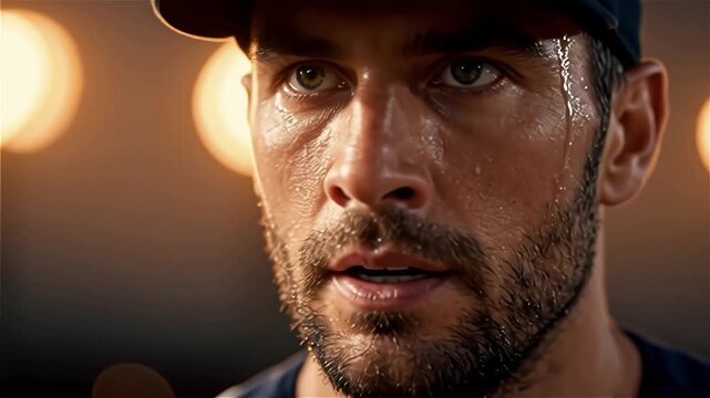 Portrait intense d&rsquo;un joueur de baseball concentr&eacute; sous les projecteurs