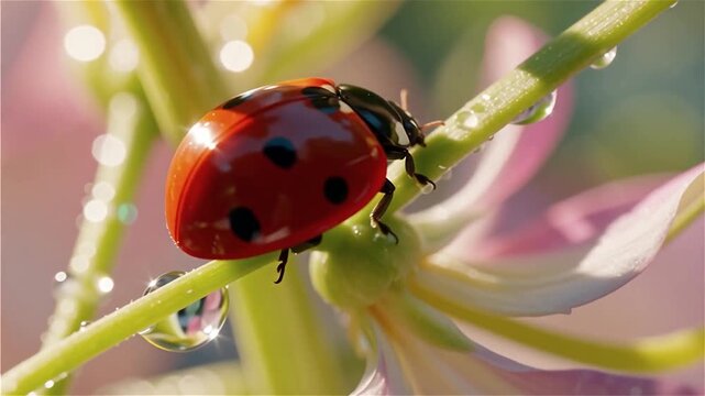 Coccinelle rouge sur tige verte avec goutte de ros&eacute;e