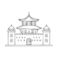 Fototapeta premium Asian-Style Building Illustration with Towers and Arched Gate Entry