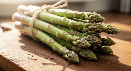 Freshly harvested green asparagus spears are tied with natural twine on a wooden cutting board