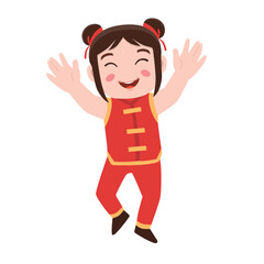 Obraz premium Chinese cartoon character. Happy Little Chinese Girl Jumping with Raised Hands Celebrating Lunar New Year Spring Festival Vector.