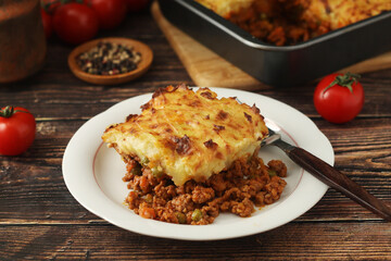 A shepherd's pie, freshly backed and ready to be served. Traditional English dish