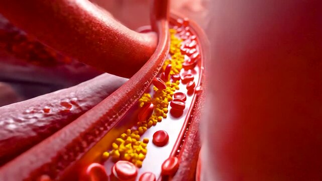 Red Blood Vessel Interior with Flowing Erythrocytes Platelets and Yellow Cholesterol Plaques in Artery