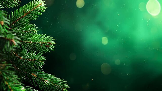 Green festive background with christmas tree branch, sparkling lights, and blurred bokeh. Holiday winter season celebration.