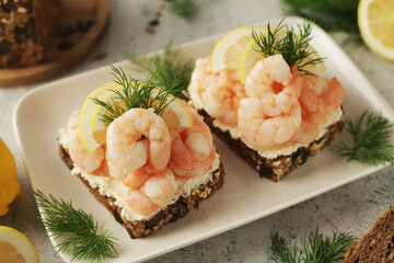 Rejemad sandwiches - traditional sandwiches with shrimps, traditional dish of Denmark