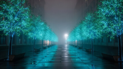 Fototapeta premium A serene city park alley in 2026, illuminated solely by the soft blue-green glow of genetically modified bioluminescent trees, foggy night, no people, sci-fi realism