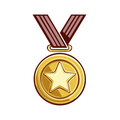 Golden Star Medal Award with Ribbon Recognition Achievement Icon Success Cartoon Style