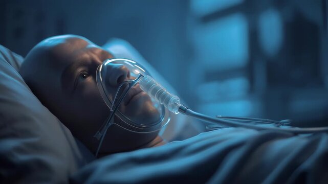 Close up of a patient lying in a hospital bed wearing an oxygen mask under soft blue light, showing intensive care and breathing support