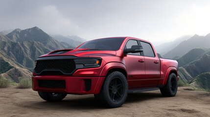 Naklejka premium A powerful red pickup truck is shown parked on a dirt road with rugged mountains in the background against an overcast sky showcasing its modern design elements.