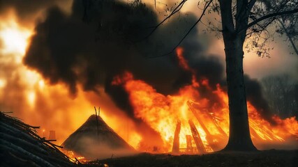 Wildfire raging through dense forest trees concept. Intense flames and smoke engulf structures as nature faces destruction from fire.