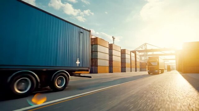 Blue shipping container on semi truck trailer at busy industrial port terminal with cranes sunrise golden light and cargo logistics scene