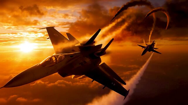 Fighter jets soaring through dramatic orange sunset sky with smoke trails vapor cones and intense aerial combat atmosphere