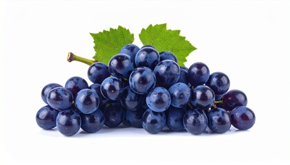 Fototapeta premium Fresh, glossy dark purple grapes with green stem clustered tightly together, placed on a clean white background, highlighting vibrant color contrast, natural texture, and freshness—ideal for food phot