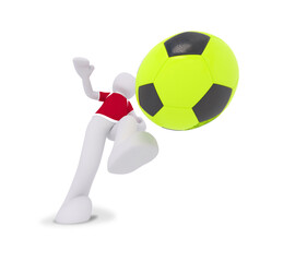 The image depicts a person in a red shirt and white pants kicking a yellow and black soccer ball. The player is captured mid-action, with one leg extended to strike the ball.