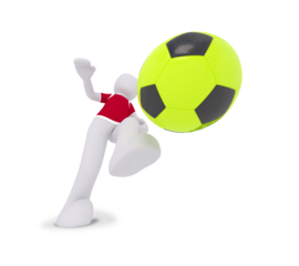 The image depicts a person in a red shirt and white pants kicking a yellow and black soccer ball. The player is captured mid-action, with one leg extended to strike the ball.
