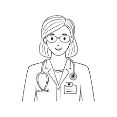 Fototapeta premium Line art of a smiling woman doctor with glasses and stethoscope wearing a lab coat; professional medical illustration