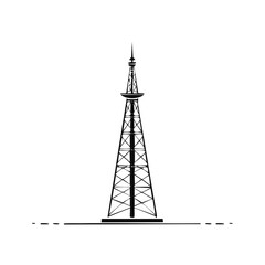 Stylized graphic vector illustration of a tall communication tower, broadcasting antenna transmitting wireless signals and technology in black and white