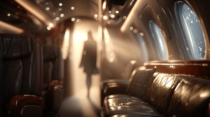 View from behind a person stepping into a first-class airplane cabin - Luxurious leather seats and soft ambient lighting.