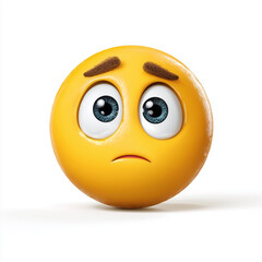 Fototapeta premium A glossy yellow emoji ball with large, watery eyes and a frowning mouth conveys sadness, worry, and introspection. Perfect for emotion, reaction, and mood-related stock content.