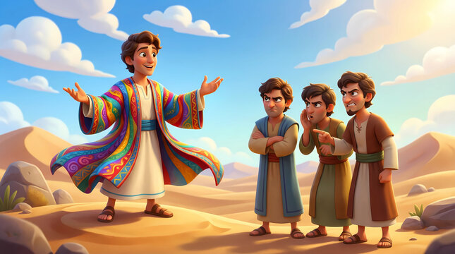 Cartoon Joseph in colorful coat facing his jealous brothers in the desert