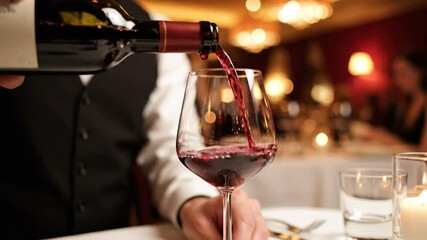 Sommelier pouring red wine into a wine glass at a fancy restaurant, showcasing elegance and service