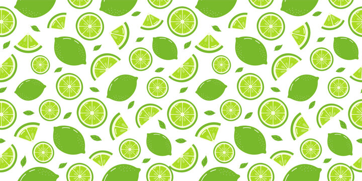 Seamless lime pattern with slices and leaves, green citrus repeat background. For summer packaging, beverage branding, cocktail menus, textiles, wallpapers, stationery, and food design.