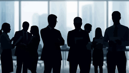 Diverse group of business professionals standing together in silhouette against a bright window backdrop.