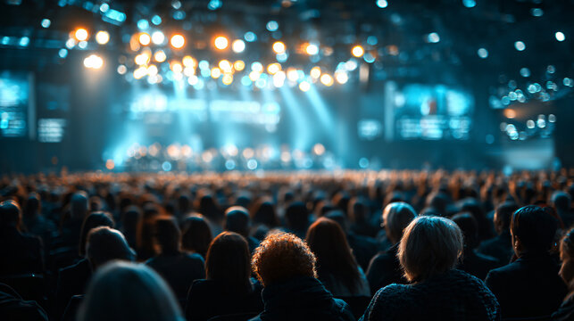 view from the back of the audience at a large conference, silhouette of many heads in the foreground