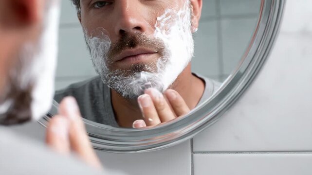 A man shaves his beard in a mirror, applying shaving cream to his face. The reflection captures the grooming process