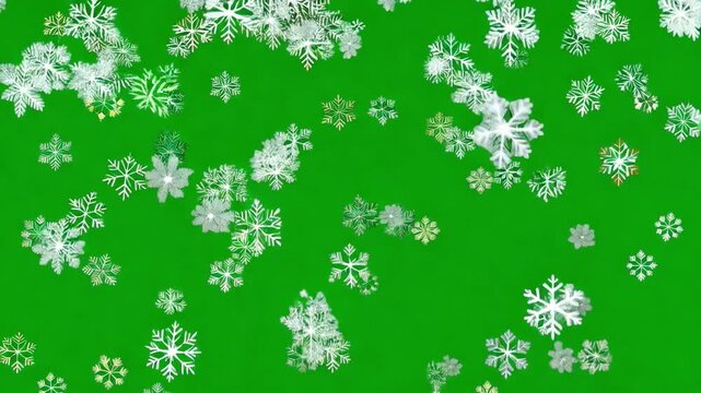 Snowflakes on Green: A mesmerizing display of delicate snowflakes descending gracefully against a vibrant green backdrop, capturing the serene beauty of winter.