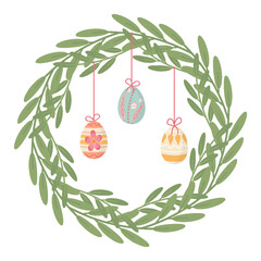 Vector illustration of Easter wreath made of olive branches Hanging decorated eggs. Festive seasonal isolated element. Ideal for spring holidays, greeting cards, invitations, prints, design projects.