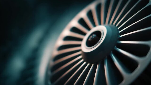 Close-up of a detailed turbine engine showcasing its metallic components and complex design