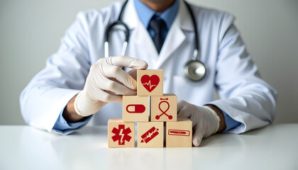 Hand arranging wooden blocks with healthcare medical icon for health insurance planning, protection, and wellness concept