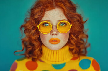Stylish young woman with red curly hair wearing yellow sunglasses and polka dot sweater against teal background Generative AI